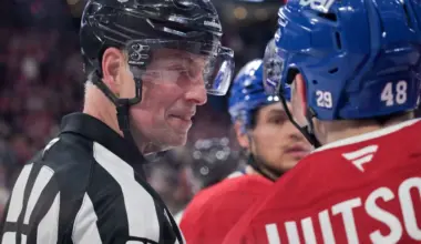 referee Eric Furlatt (27) interacts with Montreal Canadiens defenseman Lane Hutson (48) after Hutson got hit by a high stick during the third period of the game against the Florida Panthers at the Bell Centre.