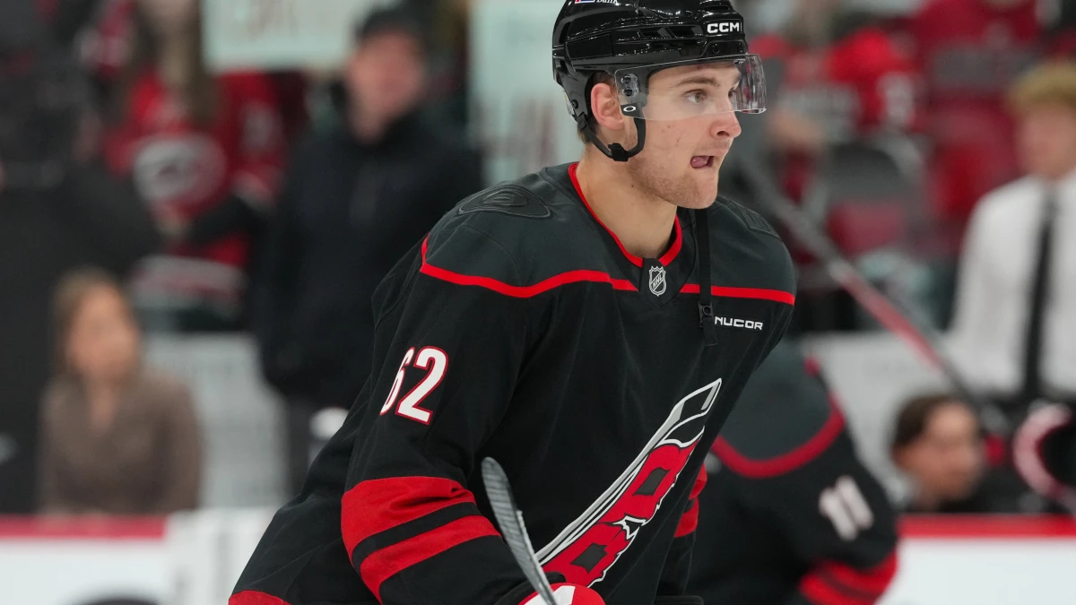 Carolina Hurricanes defenseman Charles Alexis Legault (62) skates during the warmups before the game against the Philadelphia Flyers at Lenovo Center.
