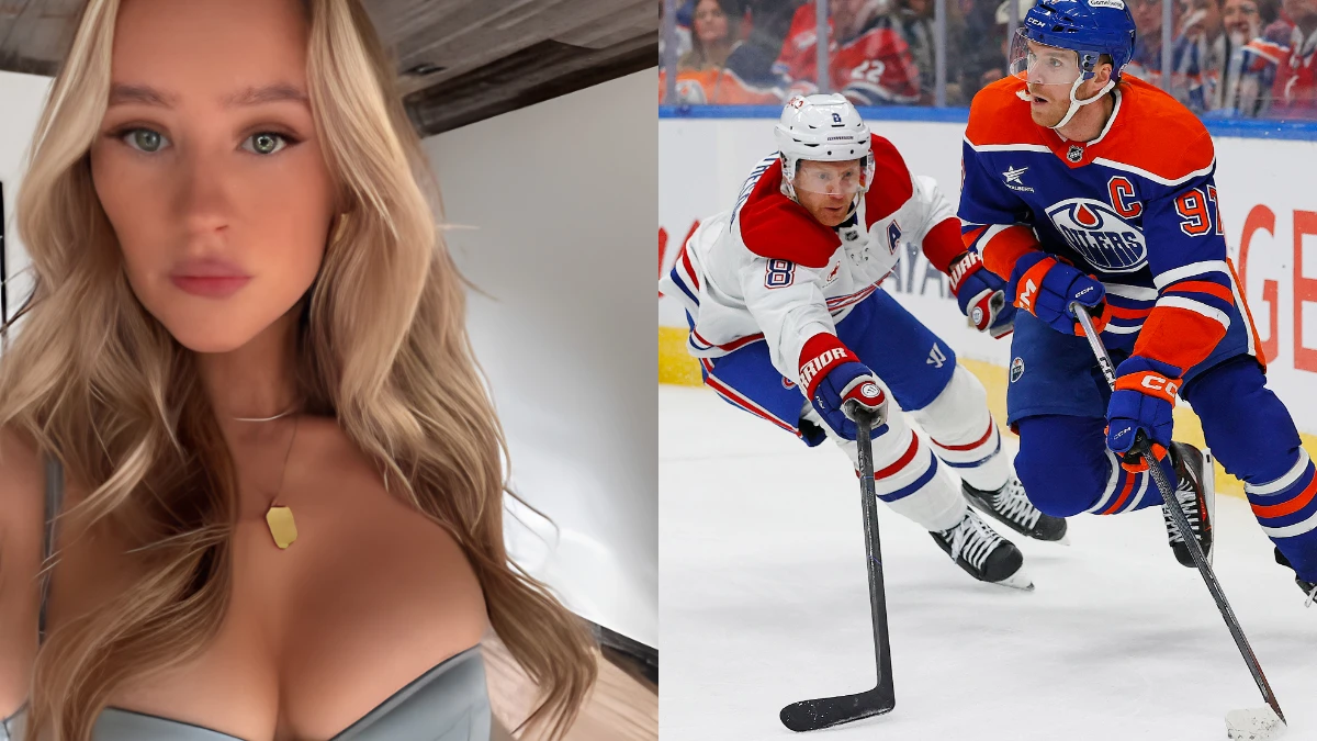 Edmonton Oilers forward Connor McDavid (97) looks to make a pass in front of Montreal Canadiens defensemen Mike Matheson (8) during the first period at Rogers Place. Photo of Lauren Kyle