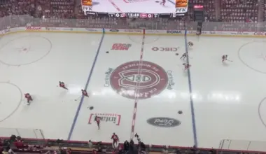 Montreal Canadiens and Carolina Hurricanes players take the ice at the Bell Centre during the NHL playoffs.