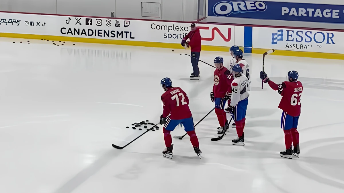 Montreal Canadiens players, including Arber Xhekaj, at practice in Brossard.