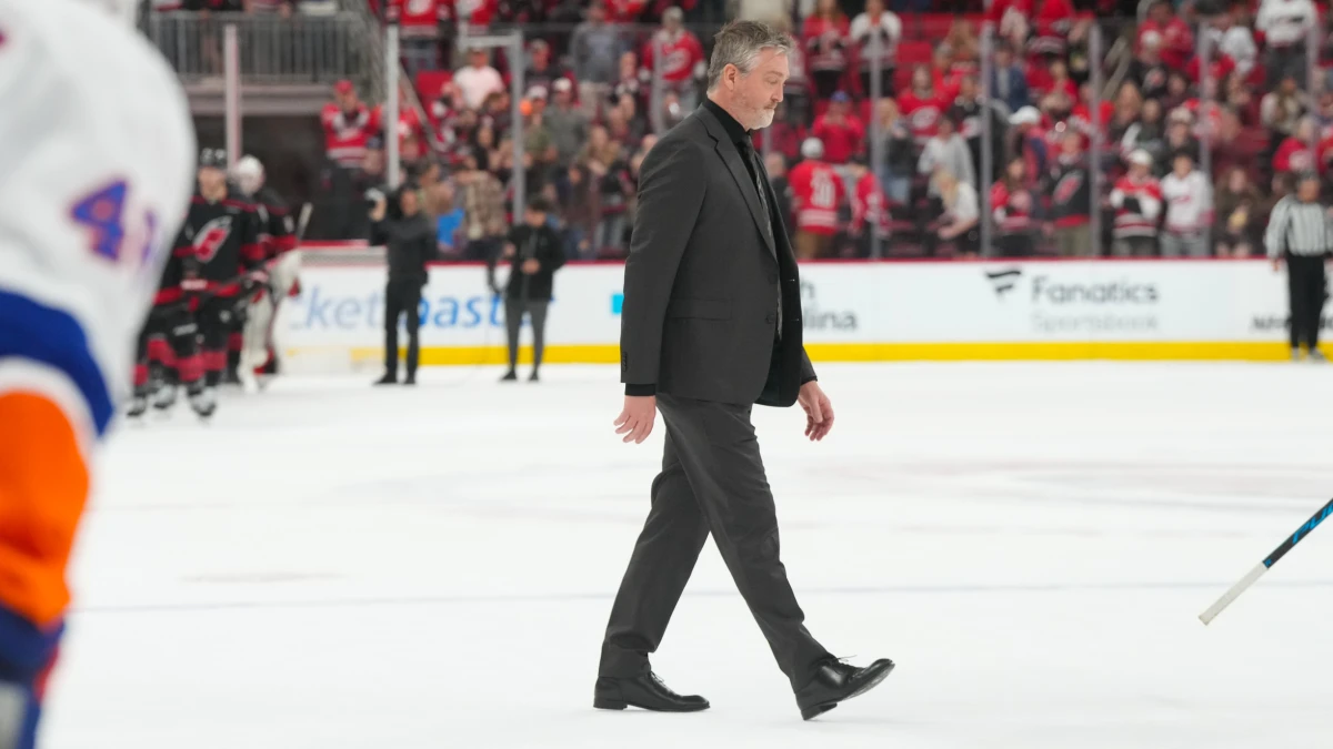 New York Islanders head coach Patrick Roy walks off the ice after their loss to the Carolina Hurricanes at Lenovo Center.