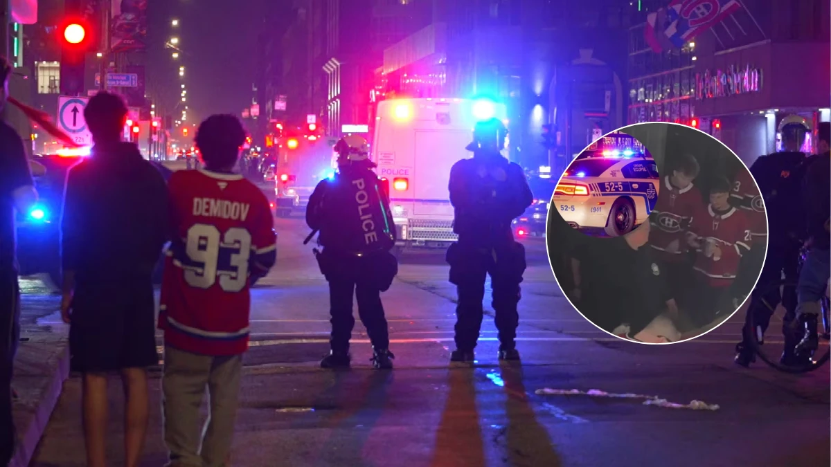 Scene outside the Bell Centre during a Montreal Canadiens playoff game.