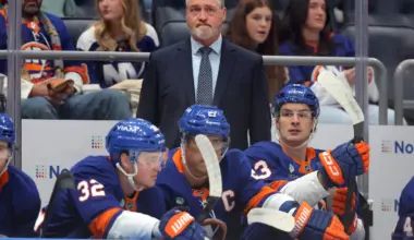 New York Islanders head coach Patrick Roy coaches against the Anaheim Ducks during the first period at UBS Arena.