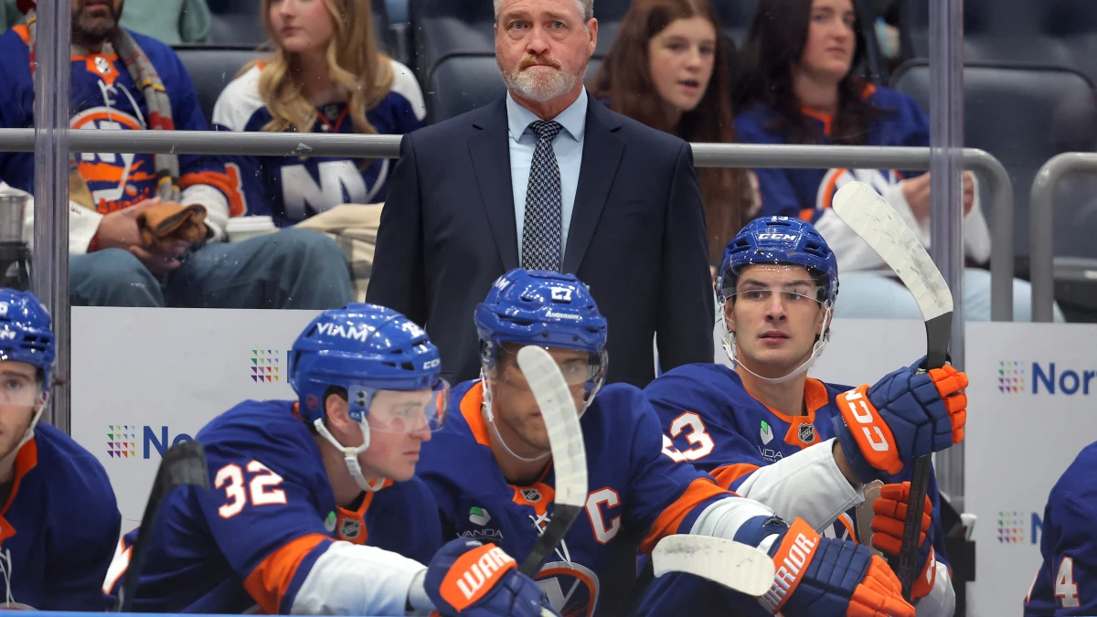New York Islanders head coach Patrick Roy coaches against the Anaheim Ducks during the first period at UBS Arena.