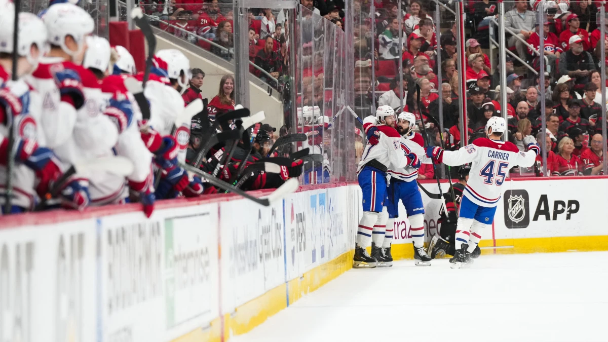 Montr&eacute;al Canadiens right wing Josh Anderson (17) celebrates with teammates after scoring a goal during the first period against the Carolina Hurricanes in game two of the Eastern Conferene Final of the 2026 Stanley Cup Playoffs at Lenovo Center.