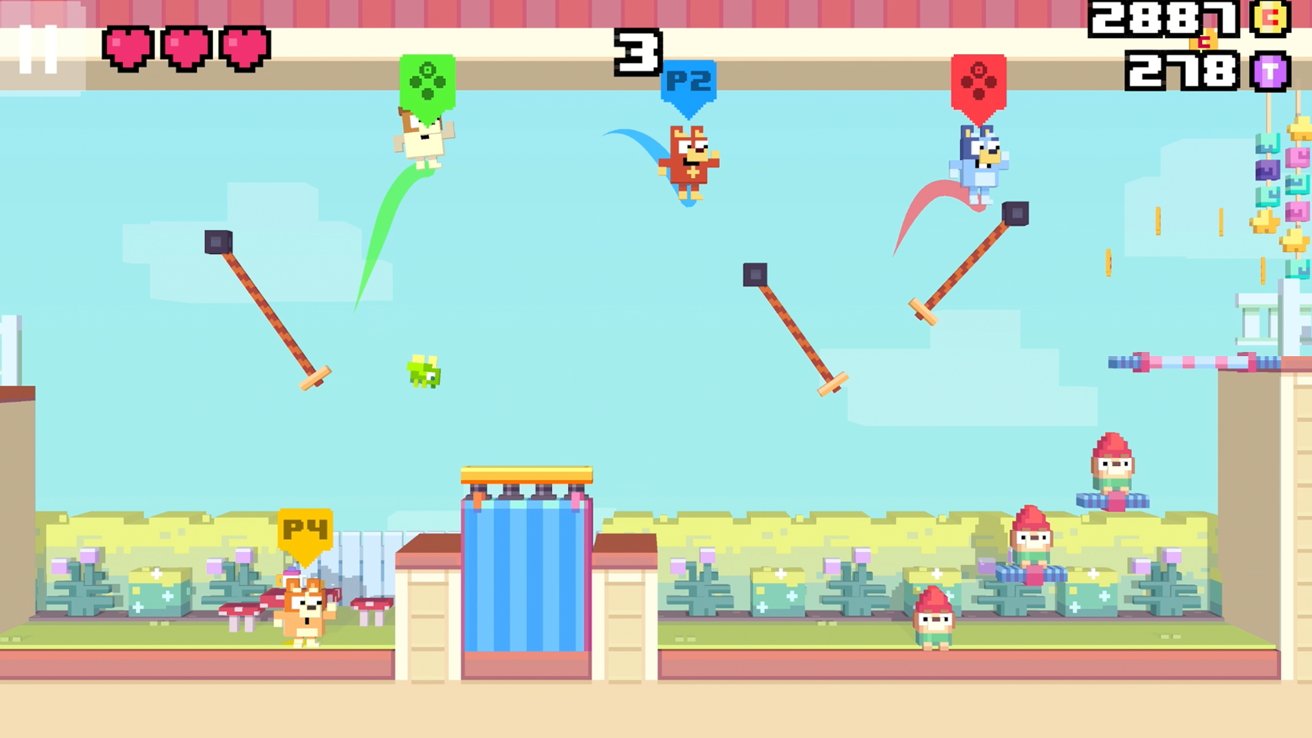 Colorful retro-style platformer scene with four animal characters labeled P1-P4 dodging swinging hammers, collecting coins, and jumping around a backyard garden with gnomes, hearts, and score counters