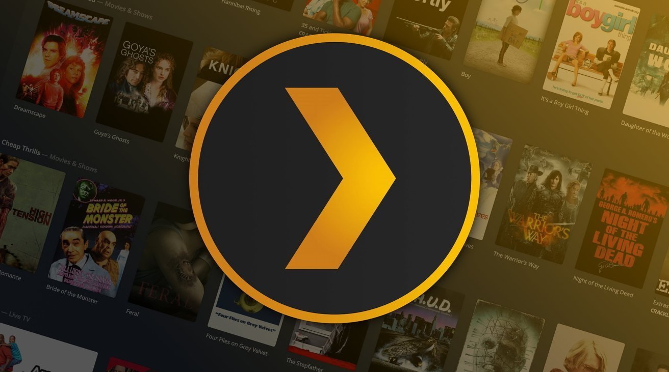 Plex logo with a bold yellow arrow on a dark circular background, centered over a blurred grid of colorful movie and TV show posters