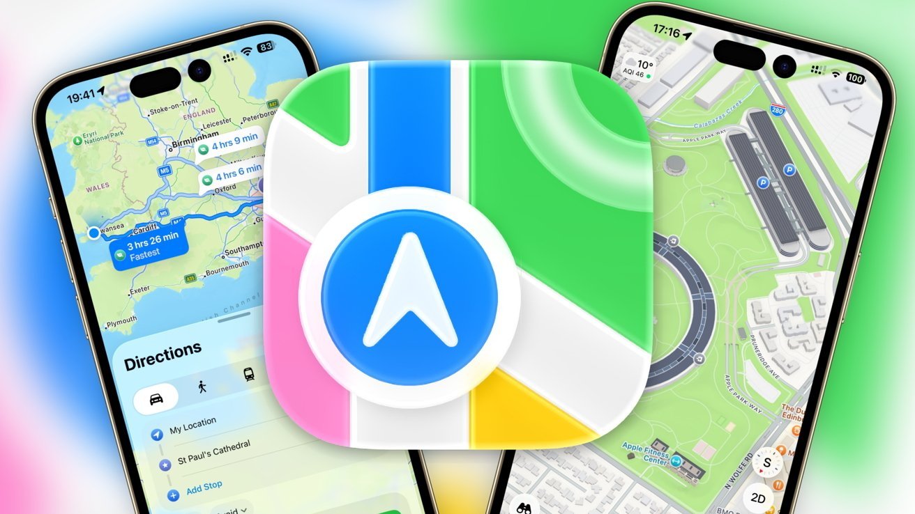 Colorful navigation app logo centered between two smartphones displaying map screens with routes, directions, and a stadium, all on a bright gradient background