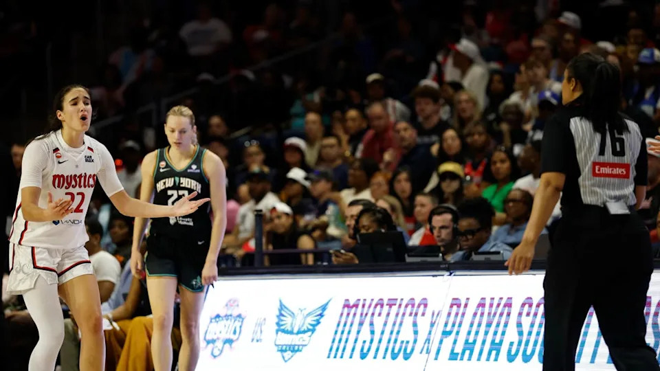 May 10, 2026; Washington, District of Columbia, USA; <a class="link " href="https://sports.yahoo.com/wnba/teams/washington/" data-i13n="sec:content-canvas;subsec:anchor_text;elm:context_link" data-ylk="slk:Washington Mystics;sec:content-canvas;subsec:anchor_text;elm:context_link;itc:0" data-yga="{"yLinkElement":"context_link","yModuleName":"content-canvas","yLinkText":"Washington Mystics","ySubModuleName":"anchor_text","yHasCommerce":false}">Washington Mystics</a> guard <a class="link " href="https://sports.yahoo.com/wnba/players/10209/" data-i13n="sec:content-canvas;subsec:anchor_text;elm:context_link" data-ylk="slk:Sonia Citron;sec:content-canvas;subsec:anchor_text;elm:context_link;itc:0" data-yga="{"yLinkElement":"context_link","yModuleName":"content-canvas","yLinkText":"Sonia Citron","ySubModuleName":"anchor_text","yHasCommerce":false}">Sonia Citron</a> (22) argues with referee Toni Patillo (76) against the <a class="link " href="https://sports.yahoo.com/wnba/teams/new-york/" data-i13n="sec:content-canvas;subsec:anchor_text;elm:context_link" data-ylk="slk:New York Liberty;sec:content-canvas;subsec:anchor_text;elm:context_link;itc:0" data-yga="{"yLinkElement":"context_link","yModuleName":"content-canvas","yLinkText":"New York Liberty","ySubModuleName":"anchor_text","yHasCommerce":false}">New York Liberty</a> during overtime at CareFirst Arena. Mandatory Credit: Geoff Burke-Imagn Images© Geoff Burke-Imagn Images&period;