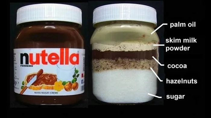 Two jars of Nutella, but the one on the right shows the ingredients unmixed in layers: palm oil, skim milk powder, cocoa, hazelnuts, and sugar