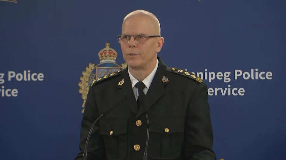 Winnipeg police Dep. Chief Cam Mackid speaks to media at a drug bust on May 20, 2026.