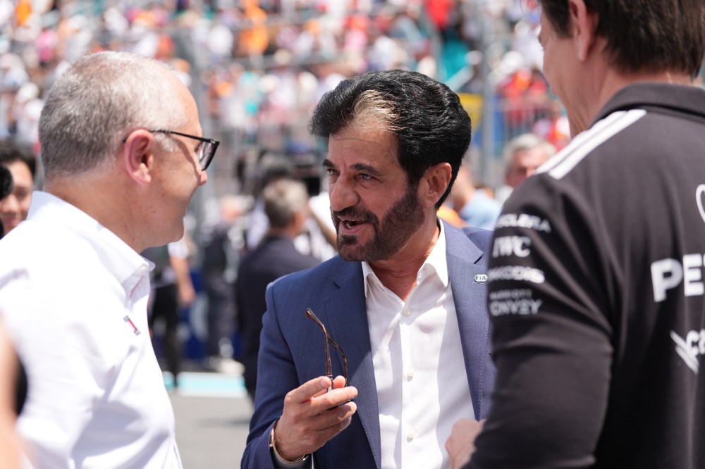 FIA president Mohammed Ben Sulayem greets people before a sprint auto race at the Miami Formula One Grand Prix, Saturday, May 2, 2026, in Miami Gardens, Fla. (AP Photo/Rebecca Blackwell)