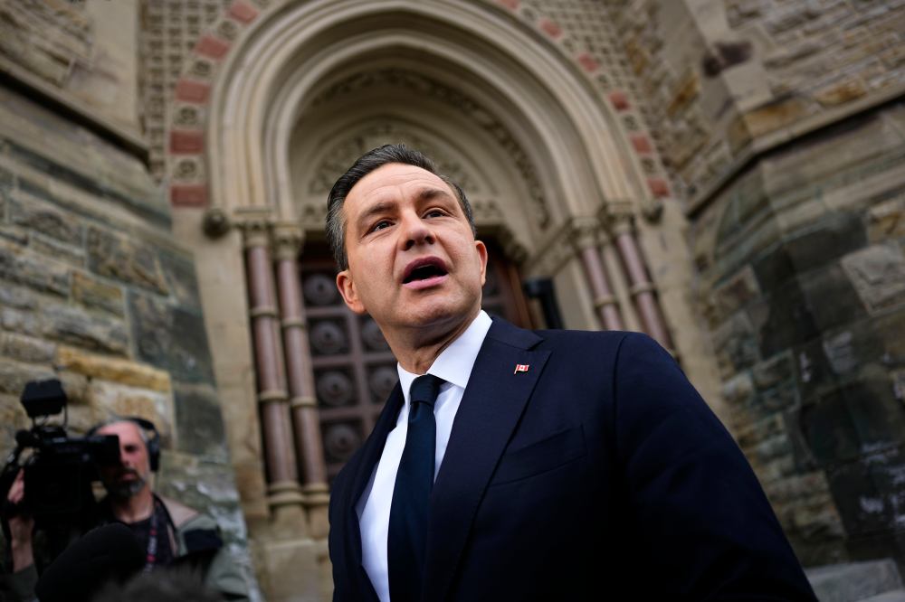 File photo -- Conservative Leader Pierre Poilievre participates in a media availability outside West Block on Parliament Hill in Ottawa, on Wednesday, April 29, 2026. THE CANADIAN PRESS/Justin Tang