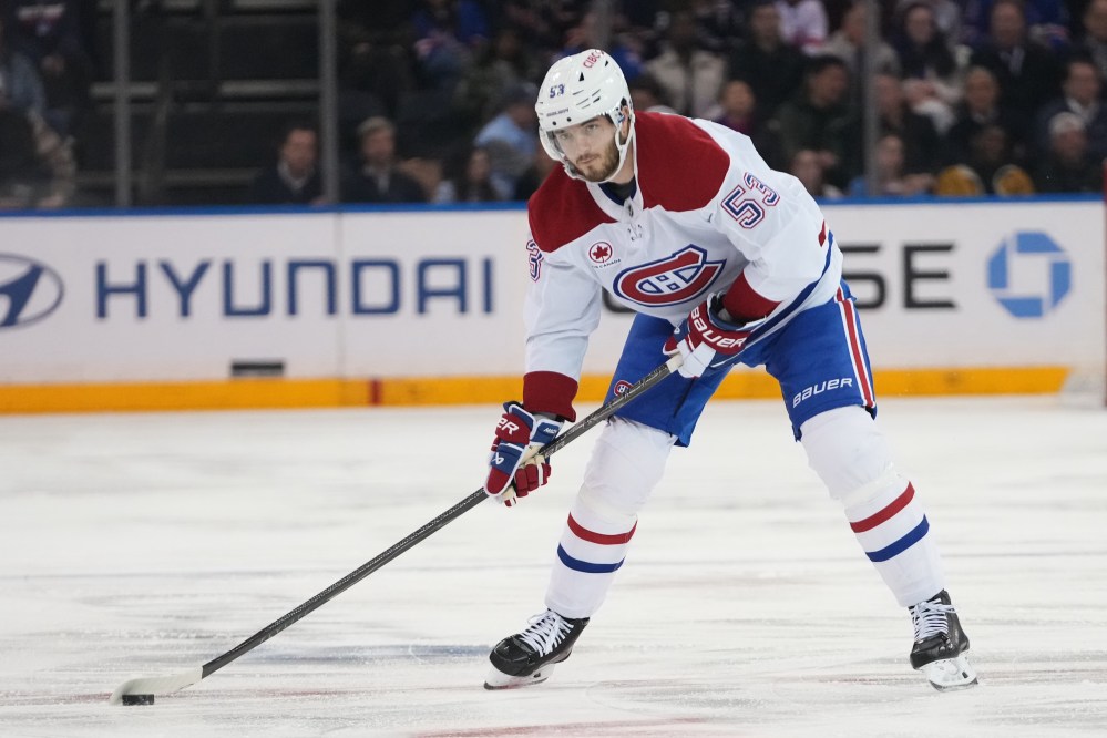Montreal Canadiens' Noah Dobson (53) during the first period of an NHL hockey game against the New York Rangers Thursday, April 2, 2026, in New York. (AP Photo/Frank Franklin II)