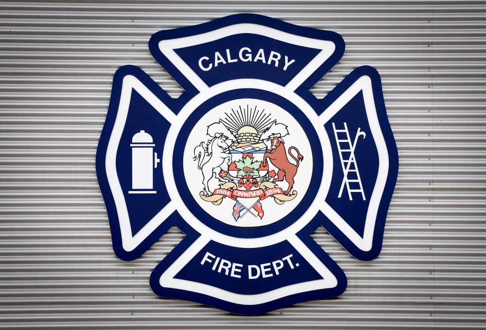 A logo of the Calgary Fire Department is picture on their headquarters building in Calgary, Thursday, March 20, 2025.THE CANADIAN PRESS/Jeff McIntosh