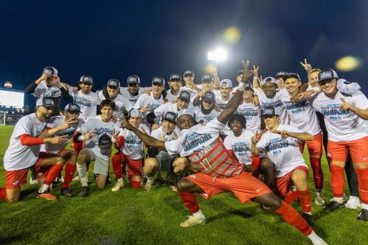 The Ohio State men's soccer team poses for a picture after beating Michigan 1-0 in the championship match at Jesse Owens Memorial Stadium Nov. 17, 2024. Credit: Sandra Fu | Lantern File Photo.
