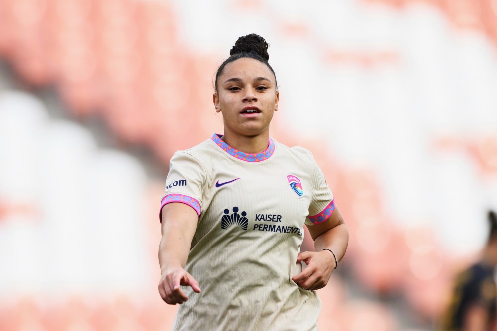 FILE - San Diego Wave FC forward Dudinha celebrates scoring a goal during an NWSL soccer match against the Utah Royals, March 22, 2026, in Sandy, Utah. (AP Photo/Tyler Tate, File)