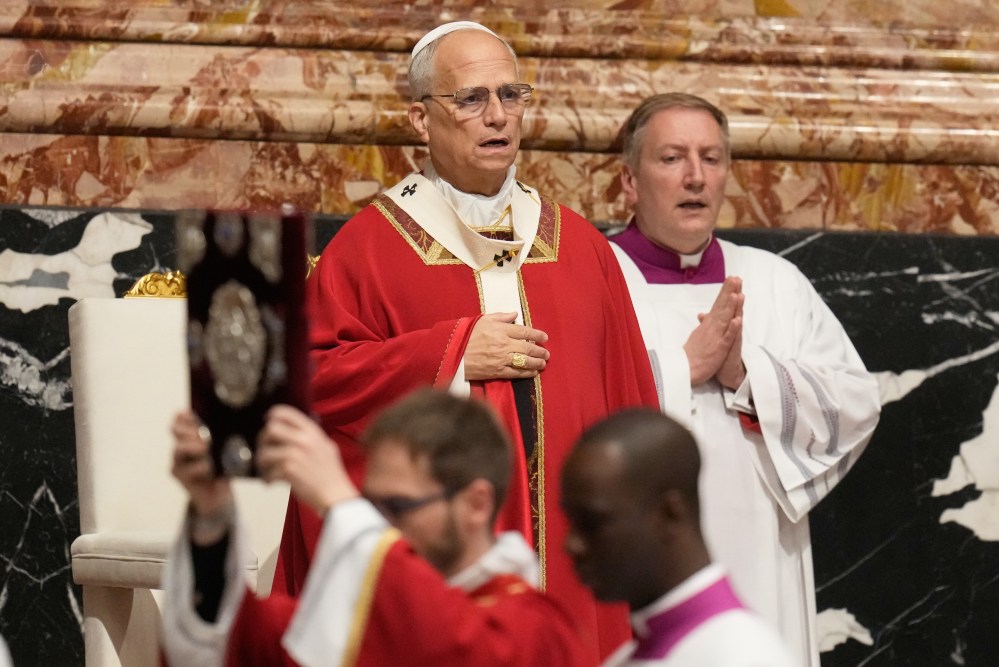 Pope Leo XIV presides over the funeral of late Cardinal Emil Paul Tscherrig in St. Peter's Basilica at The Vatican, Friday, May 15, 2026. (AP Photo/Gregorio Borgia)