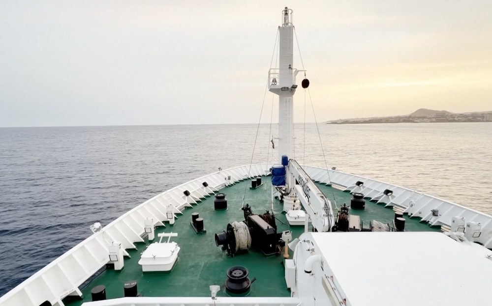 The Dutch-flagged MV Hondius, a cruise ship carrying nearly 150 people remains off Cape Verde on Monday, May 4, 2026 after three passengers died and several others fell seriously ill in a suspected hantavirus outbreak. (Qasem Elhato via AP)