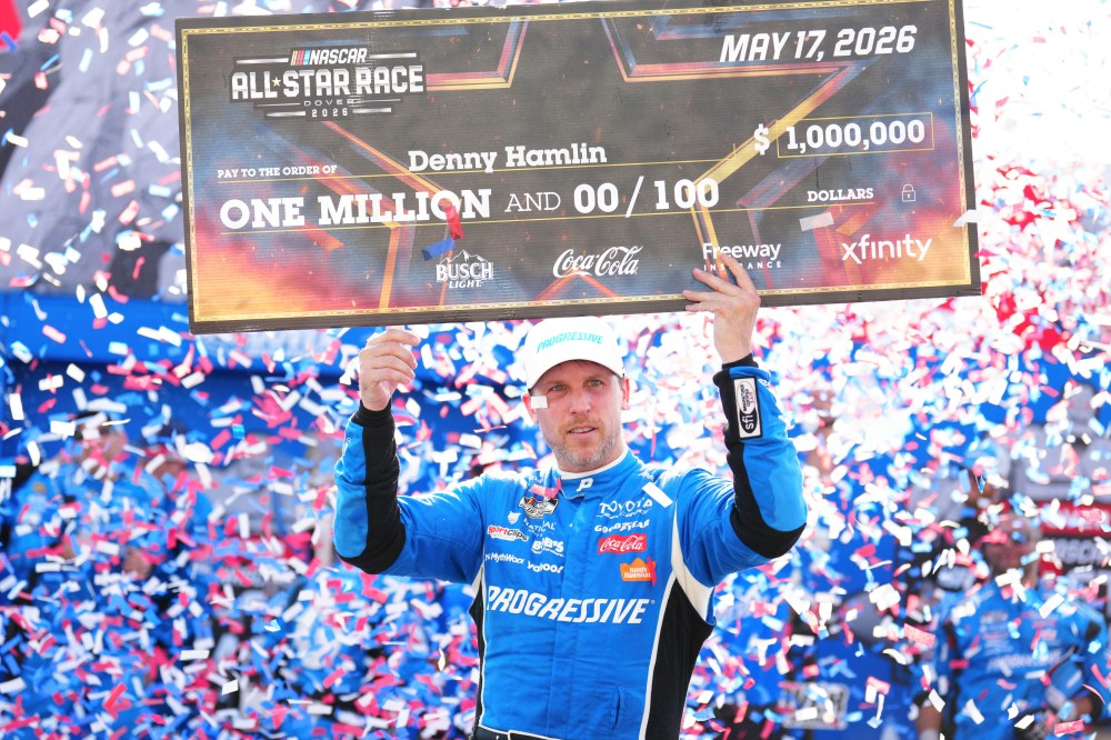 Denny Hamlin celebrates in Victory Lane after winning the NASCAR All-Star auto race at Dover Motor Speedway, Sunday, May 17, 2026, in Dover, Del. (AP Photo/Derik Hamilton)