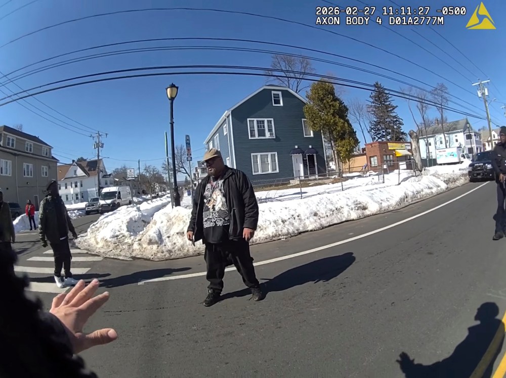 FILE - This photo taken from Hartford Police body camera video shows Steven Jones, center, as police officers talk to him, Feb. 27, 2026, in Hartford, Conn. (Hartford Police Department via AP, File)