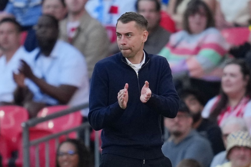 FILE - Southampton's coach Tonda Eckert reacts during the FA Cup semifinal soccer match between Manchester City and Southampton in Manchester, England, Saturday, April 25, 2026. (AP Photo/Kin Cheung, File(