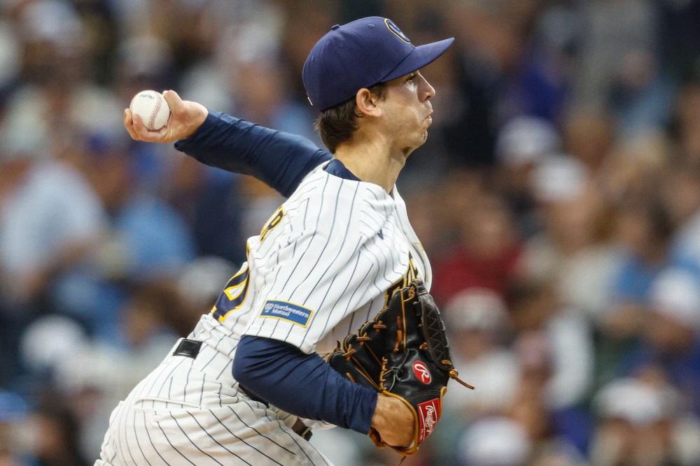 Milwaukee Brewers pitcher Robert Gasser throws to the Los Angeles Dodgers during the first inning of a baseball game Saturday, May 23, 2026, in Milwaukee. (AP Photo/Jeffrey Phelps)