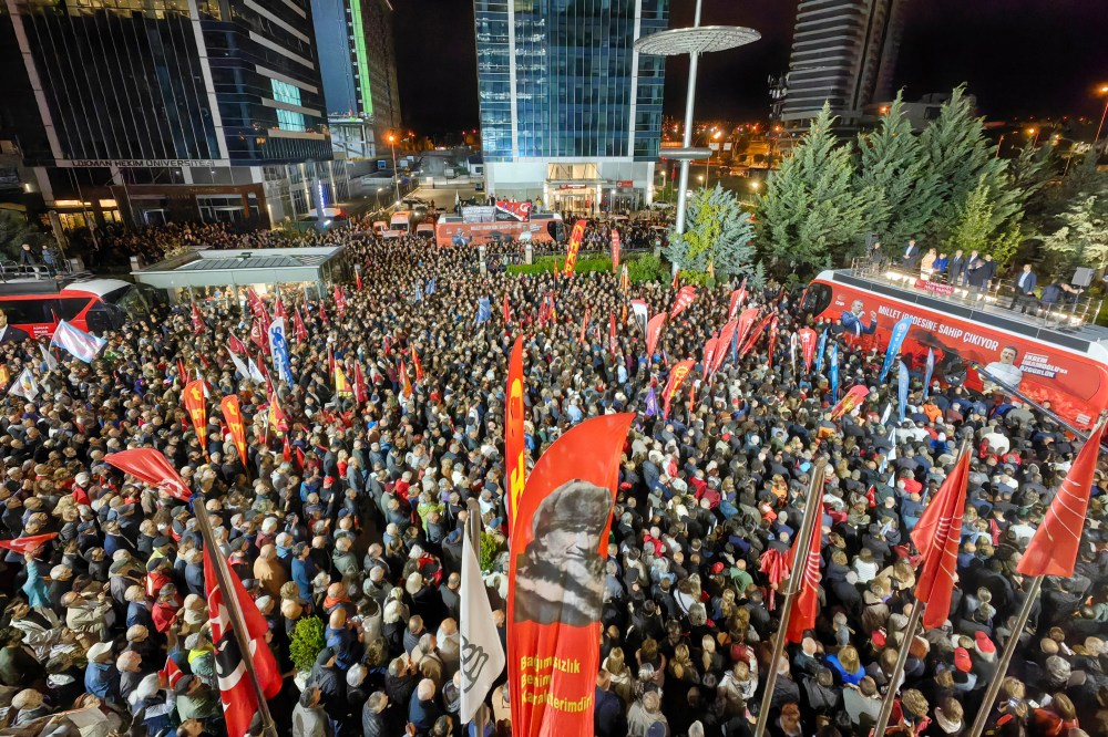 Supporters of Turkey's main opposition Republican People's Party, or CHP, gather outside the party's headquarters in Ankara, Friday, May 22, 2026, in support of party's leader Ozgur Ozel. (Yavuz Ozden/DIA Photo via AP)