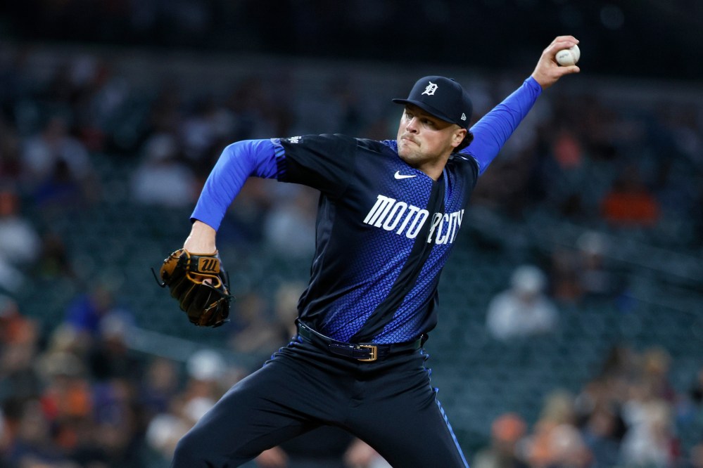 Detroit Tigers' Brant Hurter pitches against the Cleveland Guardians during the sixth inning of a baseball game, Monday, May 18, 2026, in Detroit. (AP Photo/Duane Burleson)
