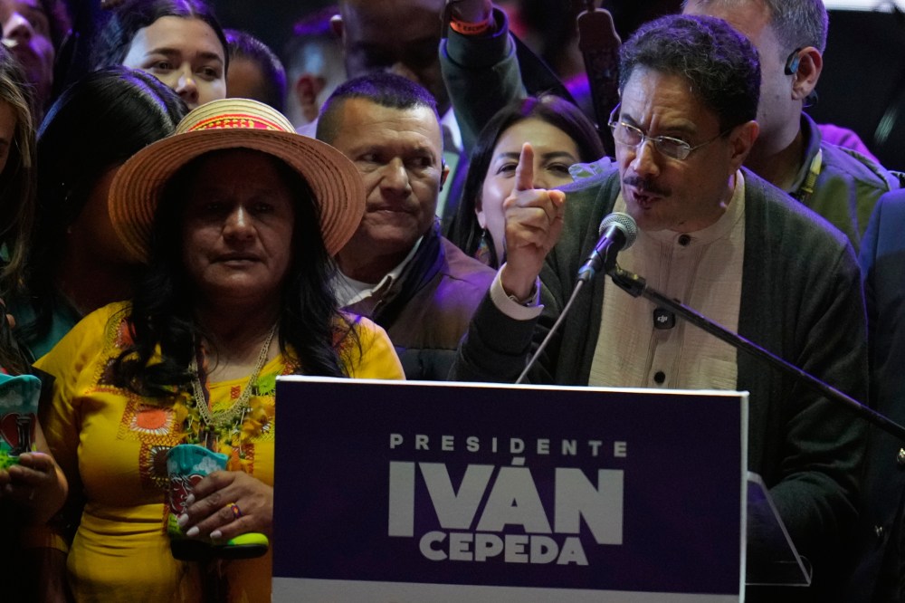 Sen. Ivan Cepeda, presidential candidate of the ruling Historic Pact coalition, speaks to supporters during a campaign rally in Bogota, Colombia, Friday, May 22, 2026. (AP Photo/Fernando Vergara)