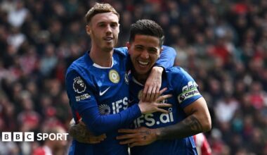 Cole Palmer celebrates Enzo Fernandez's equaliser by putting his arm around his teammate