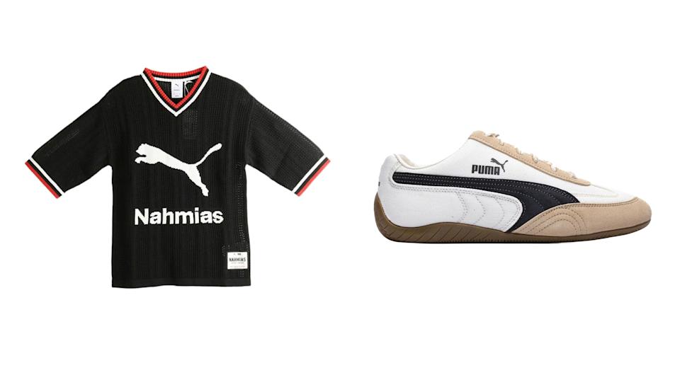 A black Puma jersey with "Nahmias" text and a white Puma sneaker with beige accents.