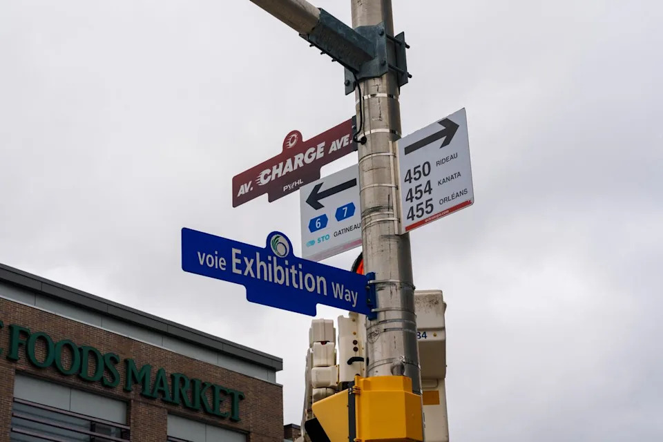 The corner of Bank Street and Exhibition Way is transformed into "Charge Avenue" on April 30 celebrate the Ottawa Charge qualifying for the PWHL playoffs.
