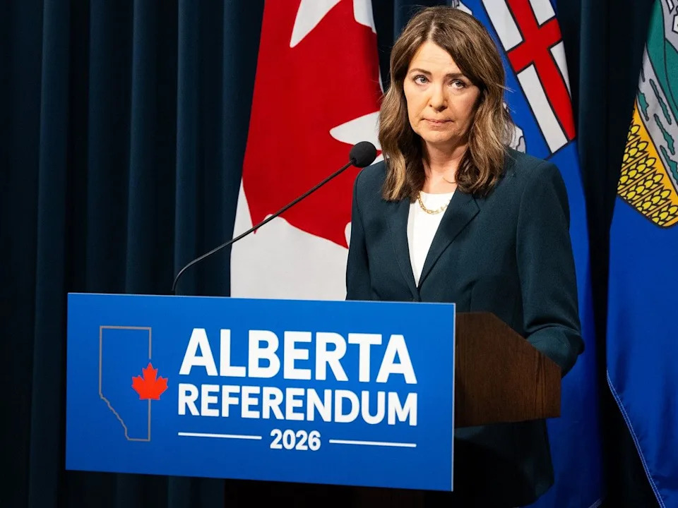 Alberta Premier Danielle Smith speaks at a press conference at McDougall Centre in Calgary on the referendum question asking whether or not Alberta should separate from Canada on Friday, May 22, 2026.