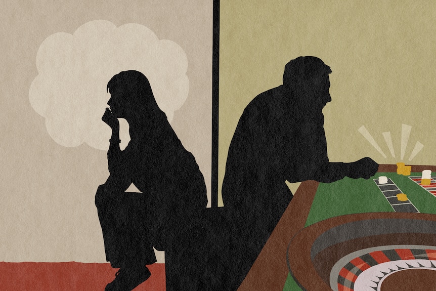 An illustration of a silhouetted teen girl, sitting back to back with a man, who is gambling at roulette.