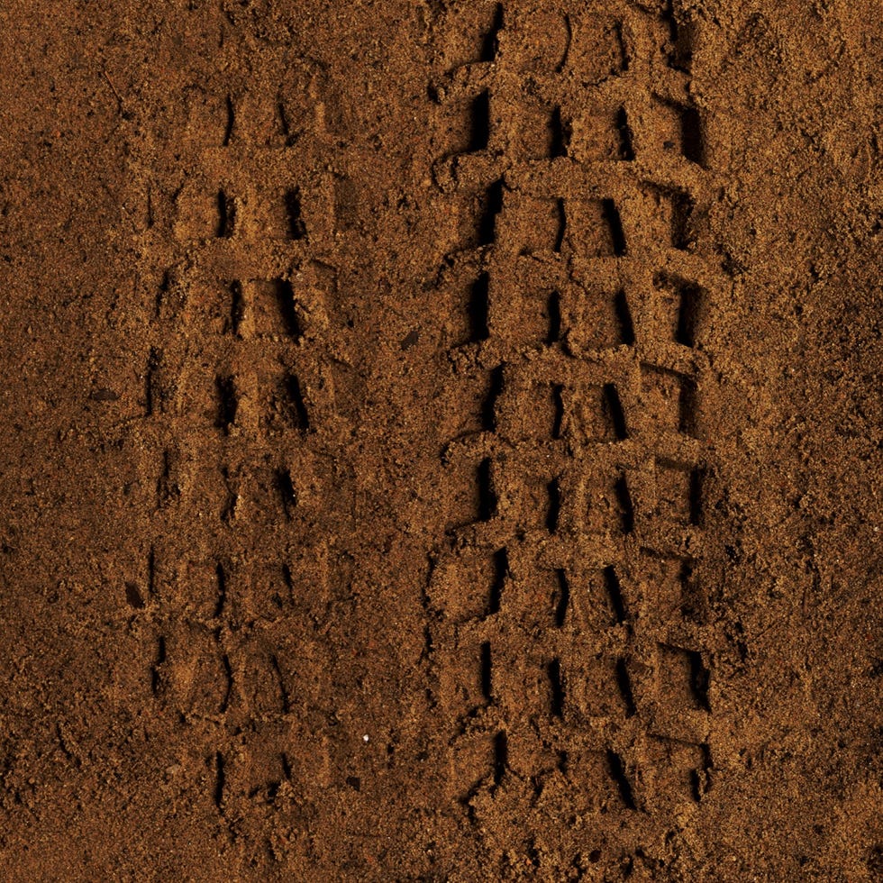 Tire tracks imprinted in dirt.