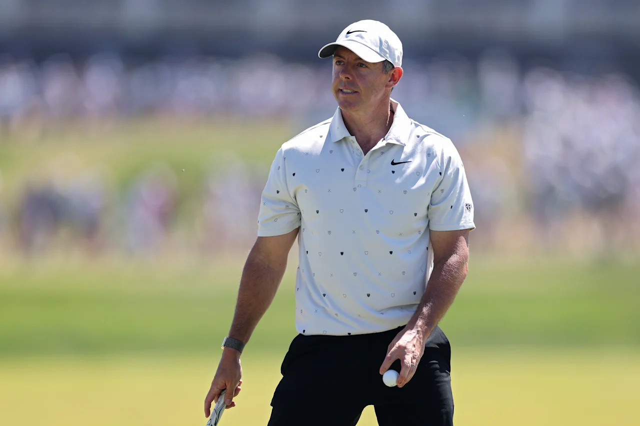 NEWTOWN, PENNSYLVANIA - MAY 16: Rory McIlroy of Northern Ireland reacts on the 17th hole during the third round of the PGA Championship at Aronimink Golf Club on May 16, 2026 in Newtown, Pennsylvania. (Photo by Richard Heathcote/Getty Images)