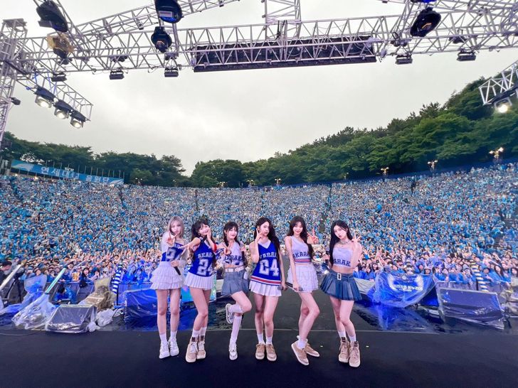 K-pop girl group IVE poses onstage during a university festival performance at Yonsei University in Seoul, May 26, 2024. Captured from IVE's X account