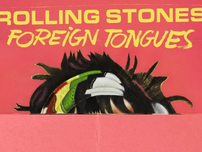 Illustration of the Rolling Stones album cover for "Foreign Tongues" showing a portion of a face with dark hair and a headband.