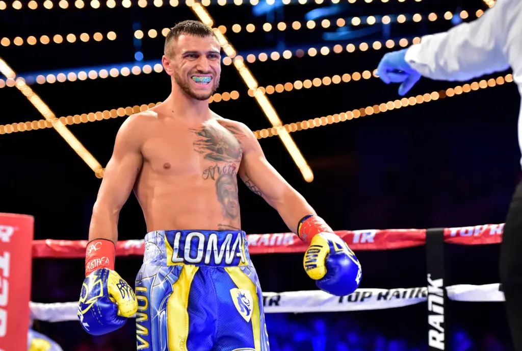 Lomachenko in corner at boxing match
