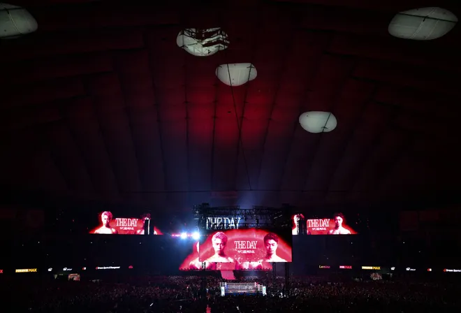 Billboards are seen in the stadium before the start of the Takuma Inoue and Kazuto Ioka fight during their WBC Bantamweight Title Match boxing contest at Tokyo Dome in Tokyo on May 2, 2026. (Photo by Yuichi YAMAZAKI / AFP via Getty Images)
