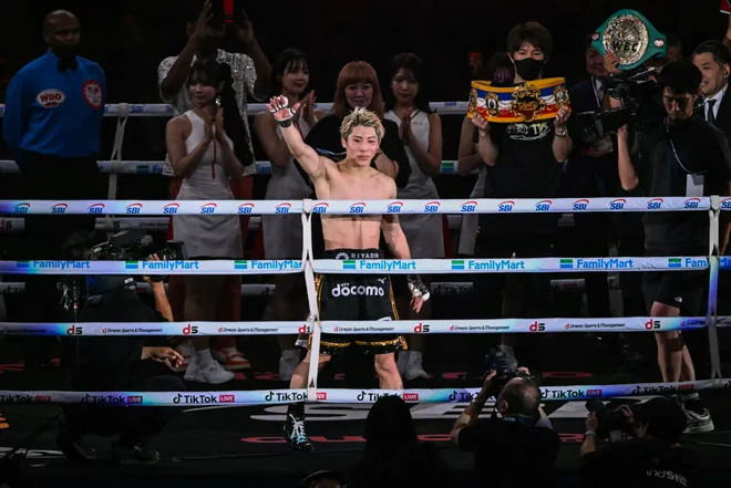 Naoya Inoue (C) celebrates after defeating Junto Nakatani in their super bantamweight championship boxing contest at Tokyo Dome in Tokyo on May 2, 2026. (Photo by Yuichi YAMAZAKI / AFP via Getty Images)