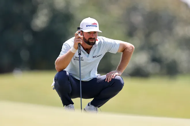 Cameron Young of the United States lines up a putt on the fourth green during the third round of the Cadillac Championship 2026 at Trump National Doral Miami on May 02, 2026 in Doral, Florida.