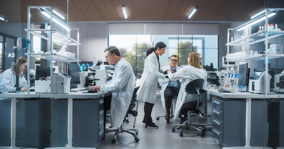 Several researchers are working alone or engaging in discussion in a pharmaceutical lab.