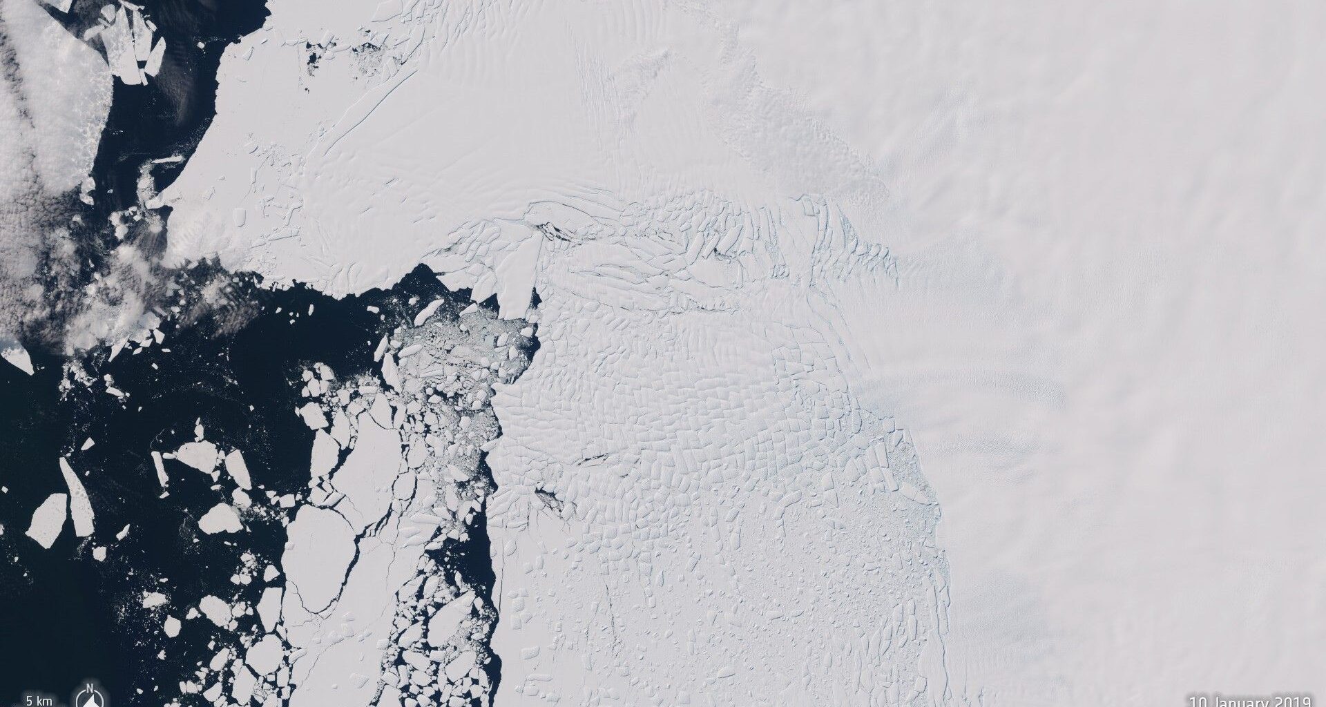 A satellite image of the Thwaites Glacier captured by the Copernicus Sentinel-2 mission on 11 September 2019.