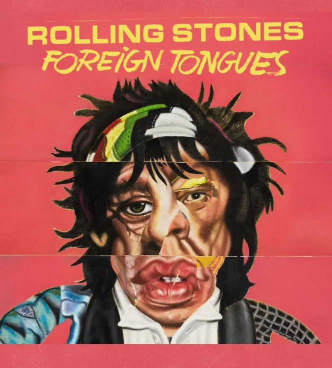 Illustration of the Rolling Stones album art for "Foreign Tongues," depicting a patchwork of the band members' faces.