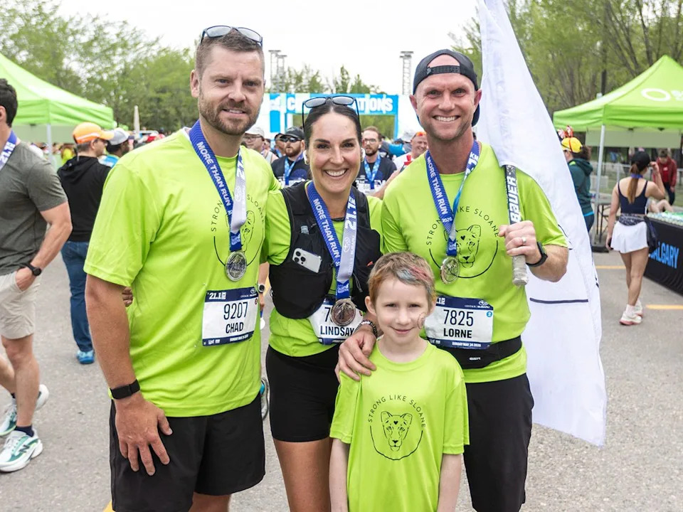 Chad Skeans, Lindsay Miller and Lorne Miller brought Sloane Masikewich along for the last leg of the Servus Calgary Marathon on Sunday, May 24, 2026. They all ran under the charity Strong Like Sloane to raise money for pediatric cancer research after the young girl’s own battles with cancer.