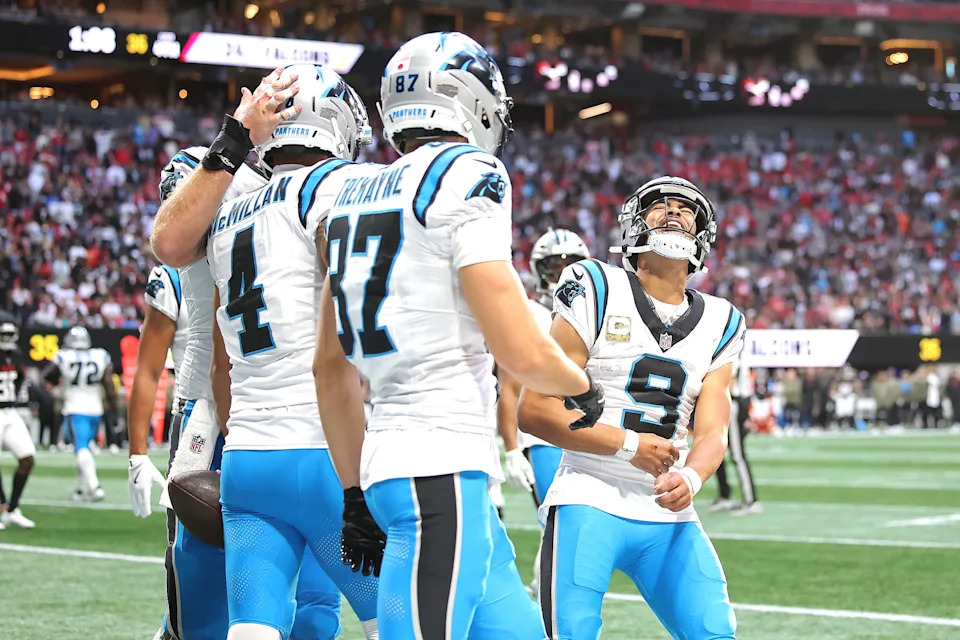 Bryce Young #9 of the Carolina Panthers reacts during the game against the Atlanta Falcons.