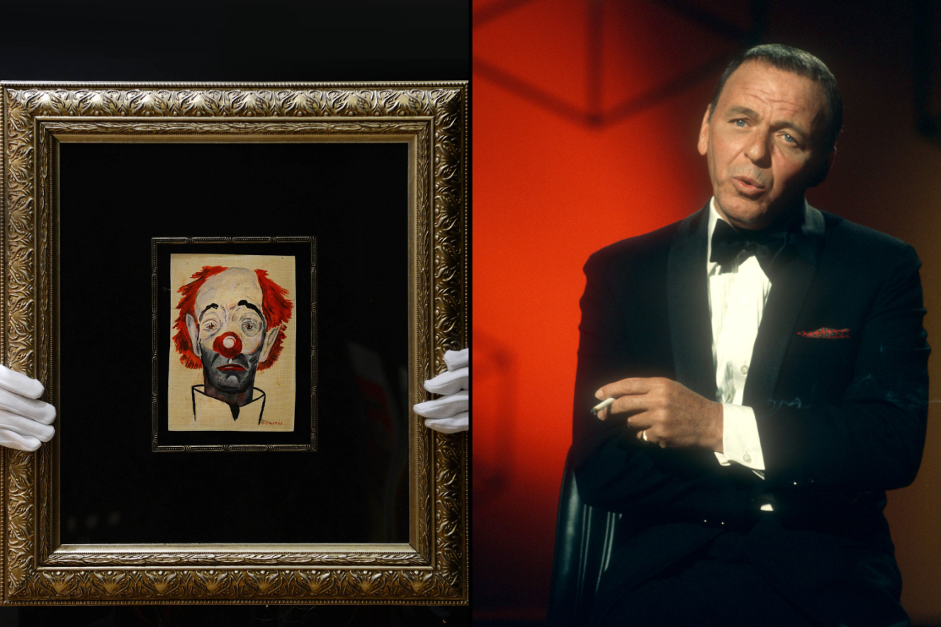 Collage of Frank Sinatra's painting "Self-portrait As a Sad Clown" and a photo of Frank Sinatra.